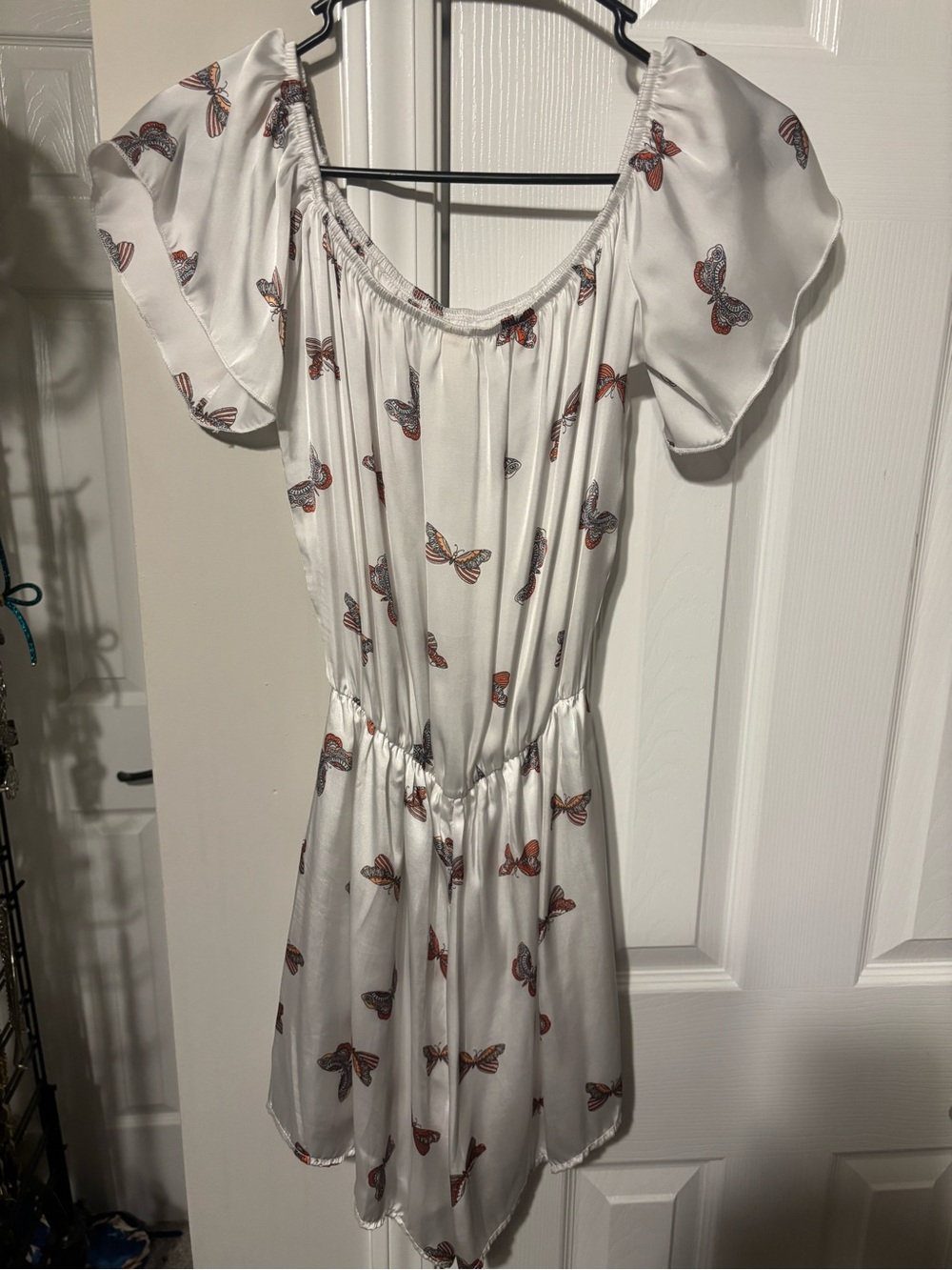 Peppermint White Mini Dress with Orange & Gray Butterfly Print